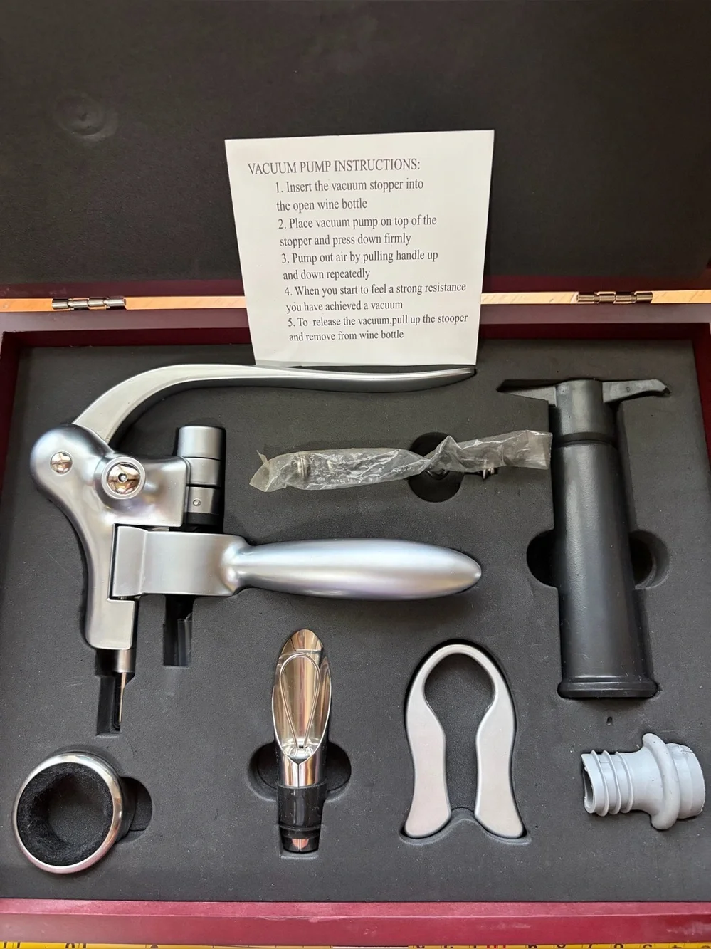 Brookstone Heritage Connoisseur's Wine Opener set housed in a wooden presentati